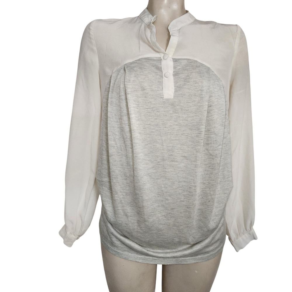 Foreign Exchange Womens 100% Silk Mixed Media Blouse Grey White S FPHW0315010